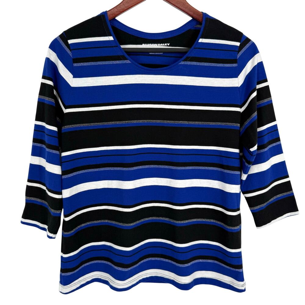 Allison Daley Medium Petite PM 3/4 Sleeve Blue Black Silver Blouse Shirt Top